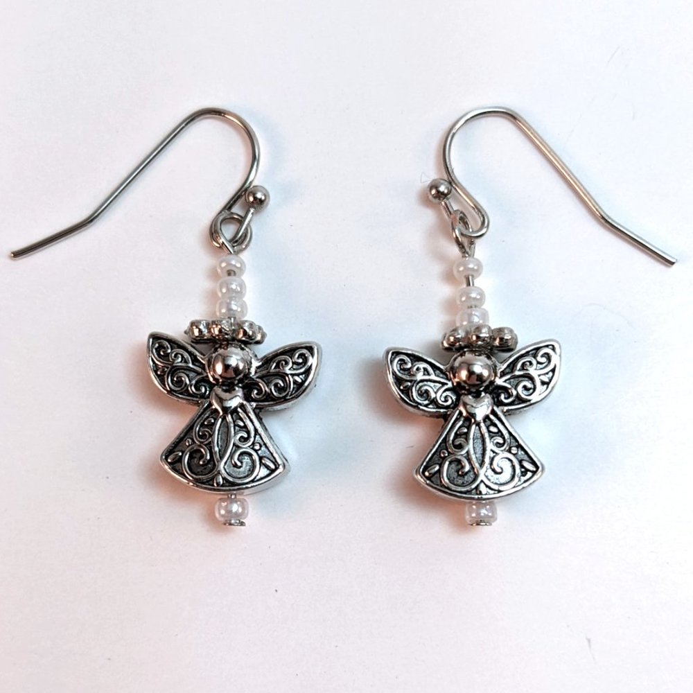 Handmade Angel Fairy Drop Earrings Faux Pearl Silver Metal Ethereal Fairycore